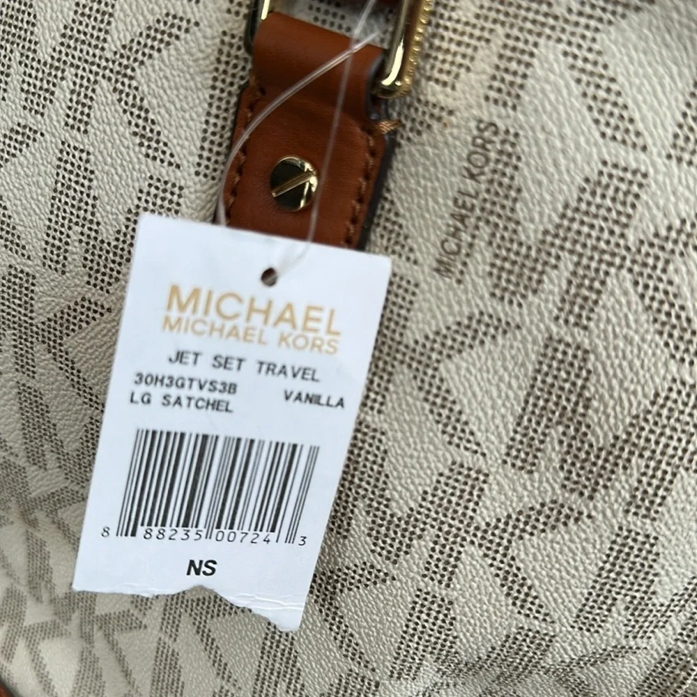 Michael Kors Monogram Cream and Brown Satchel jet travel bag